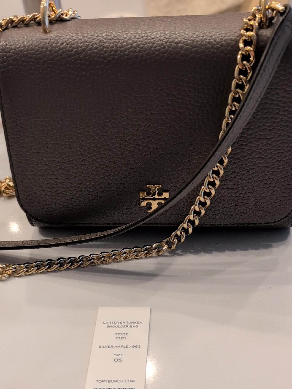 Tory Burch Gray Pebbled Leather Crossbody with Gold Chain